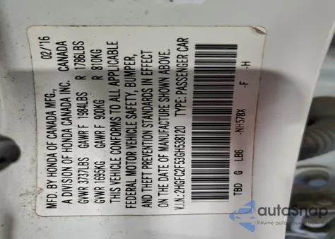 2016 Honda Civic Lx z USA, uszkodzony, nr VIN 2HGFC2F53GH538120